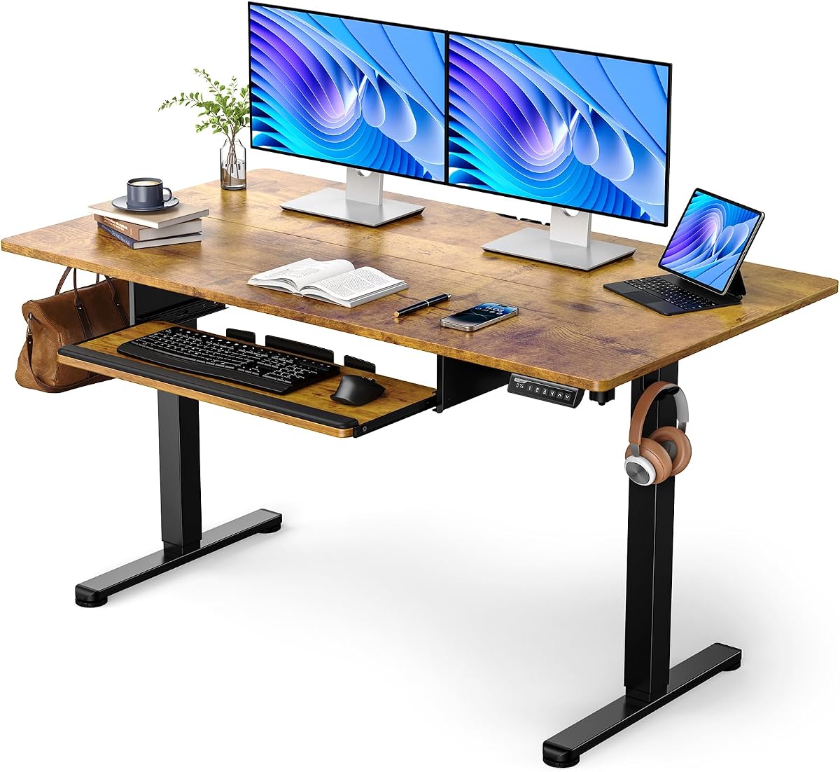 Standing Desk with Keyboard Tray, 55 x 28 in - Vintage Brown